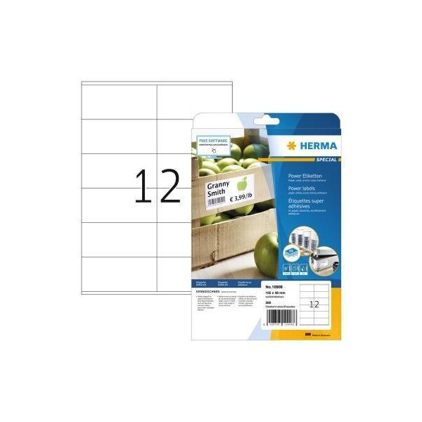 Herma Universaletikett HERMA Power 105 x 48 mm (B x H) nicht wieder ablösbar Papier weiß 300 Etik./Pack.