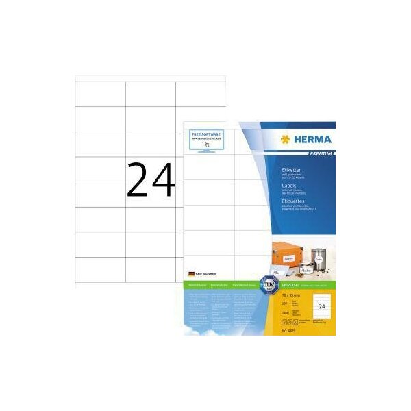 Herma Universaletikett HERMA PREMIUM 70 x 35 mm (B x H) nicht wieder ablösbar Papier weiß 2.400 Etik./Pack.