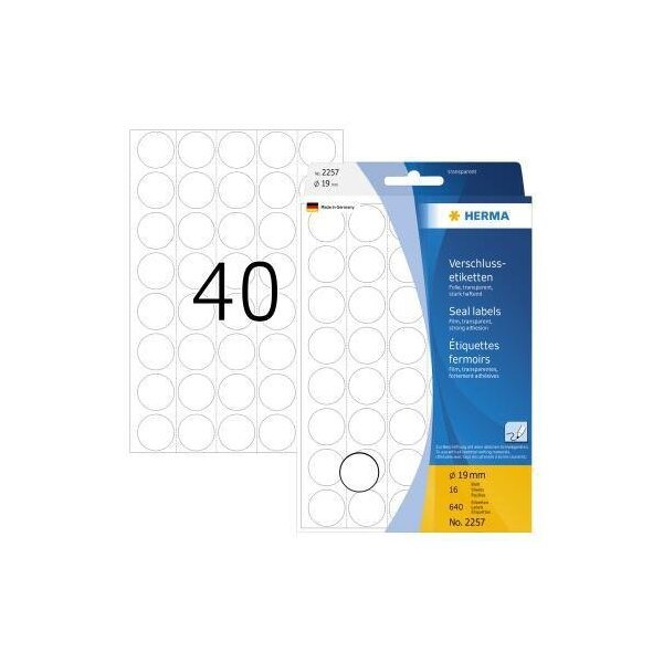 Herma Verschlussetikett HERMA 19mm Folie transparent 640 Etik./Pack.