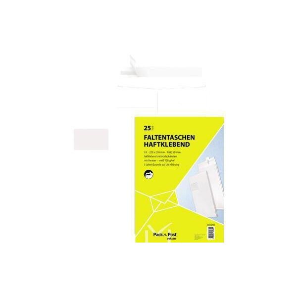 Mailmedia Faltentasche MAILmedia DIN C4 mit Fenster 120g/m² mit Haftklebung Offsetpapier weiß 25 St./Pack.