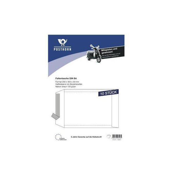 Posthorn Faltentasche POSTHORN DIN B4 250 x 353 mm (B x H) ohne Fenster 120g/m² mit Haftklebung Papier braun 10 St./Pack.