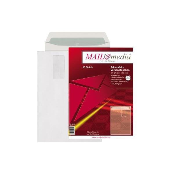 Mailmedia Versandtasche MAILmedia DIN B4 250 x 353 mm (B x H) mit Fenster mit Adressfeldtasche 120g/m² mit Haftklebung Papier ohne Fadenverstärkung weiß 10 St./Pack.