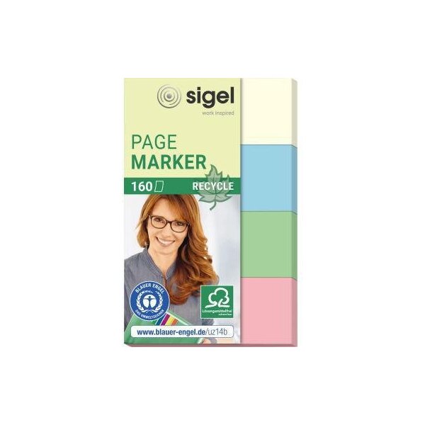 Sigel Haftmarker SIGEL Recycle 50 x 20 mm (B x H) gelb blau grün rosa 40 Bl./Block 4 Block/Pack.