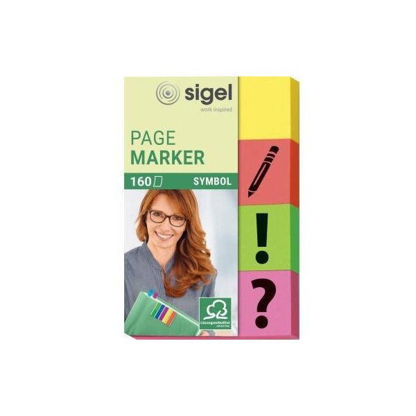 Sigel Haftmarker SIGEL Symbol 50 x 20 mm (B x H) gelb orange grün pink Unterschrift Ausrufezeichen Fragezeichen Pfeil 40 Bl./Block 4 Block/Pack.