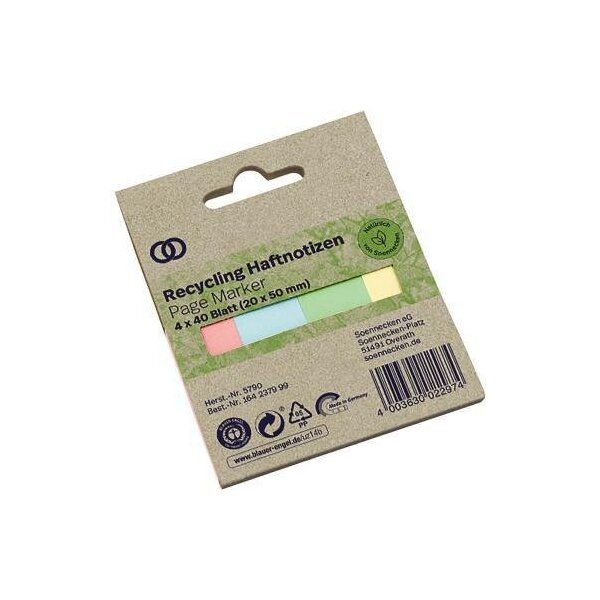 Soennecken Haftmarker Soennecken oeco Recycling 50 x 20 mm (B x H) rosa blau grün gelb 40 Bl./Block 4 Block/Pack.