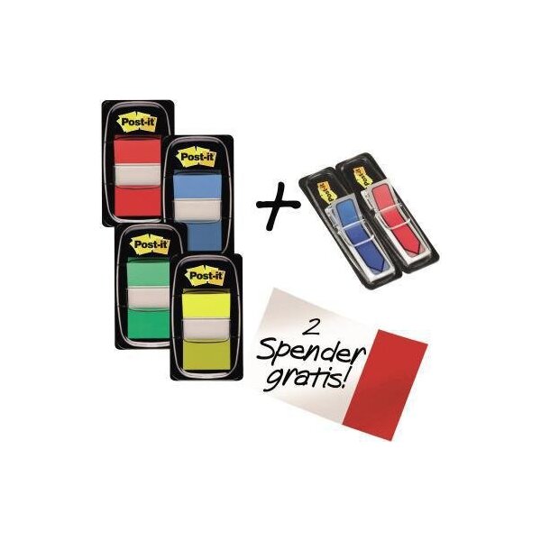 Post-it Haftstreifen Post-it® Index Standard 43,2 x 25,4 mm (B x H) inkl. 2 x 24 Post-it® Index Pfeile gratis rot gelb blau grün 50 Bl./Block 6 Block/Pack.