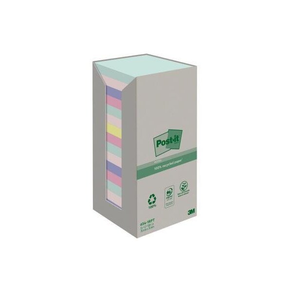Post-it Haftnotiz Post-it® Recycling Notes Tower Pastell Rainbow 76 x 76 mm (B x H) je 4 x mint rosa je 3 x hellblau flamingopink 2 x gelb 100 Bl./Block 16 Block/Pack. 16 Block/Pack.