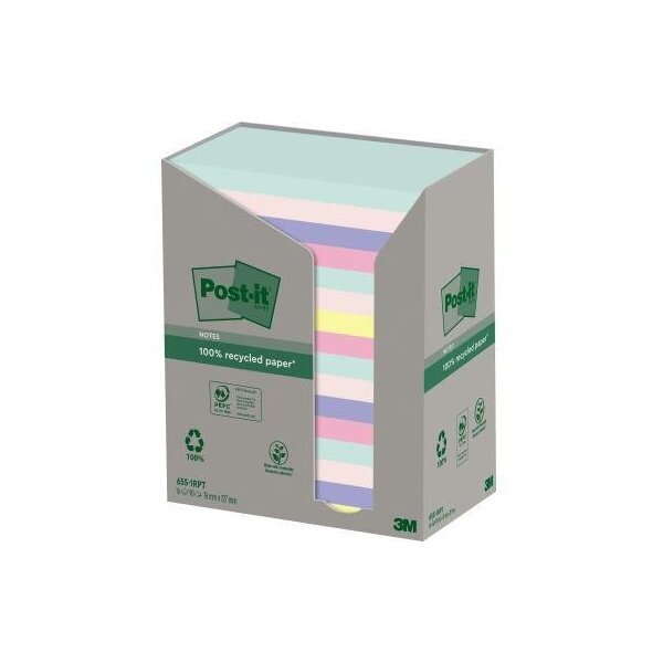 Post-it Haftnotiz Post-it® Recycling Notes Tower Pastell Rainbow 127 x 76 mm (B x H) je 4 x mint rosa je 3 x hellblau flamingopink 2 x gelb 100 Bl./Block 16 Block/Pack. 16 Block/Pack.