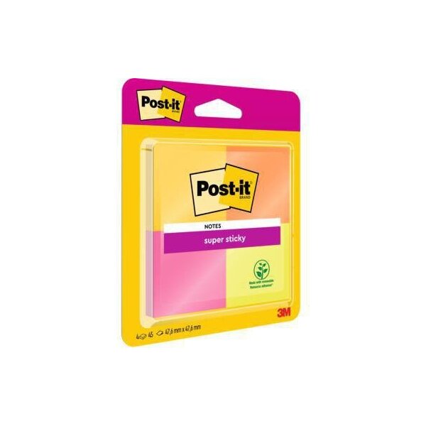 Post-it Haftnotiz Post-it® Super Sticky Notes 47,6 x 47,6 mm (B x H) ultragelb vitalorange powerpink neongrün 45 Bl./Block 4 Block/Pack.
