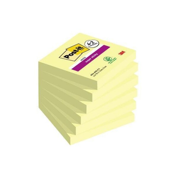 Post-it Haftnotiz Post-it® Super Sticky Notes 76 x 76 mm (B x H) gelb 90 Bl./Block 6 Block/Pack.