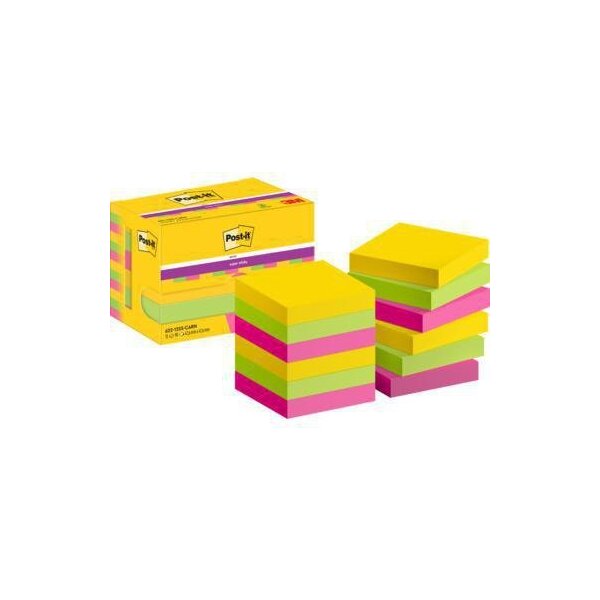 Post-it Haftnotiz Post-it® Super Sticky Notes Carnival Collection 47,6 x 47,6 mm (B x H) je 4 x ultragelb limonengrün neonpink 90 Bl./Block 12 Block/Pack.