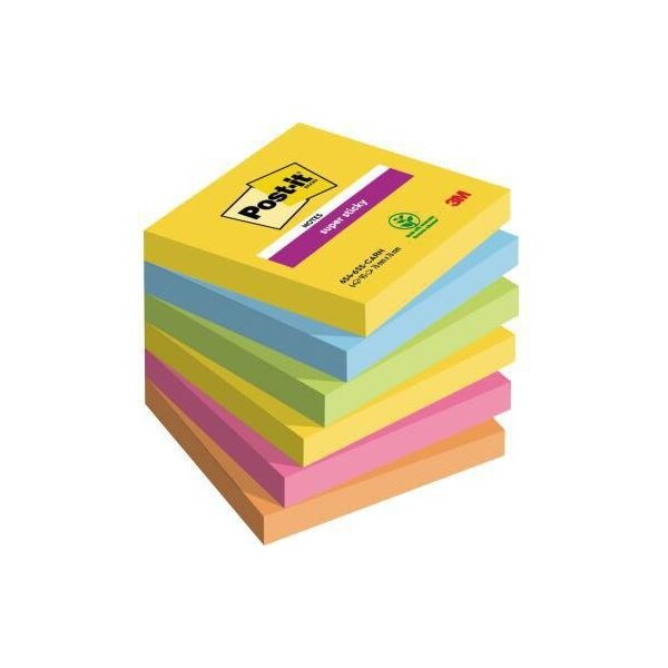 Post-it Haftnotiz Post-it® Super Sticky Notes Carnival Collection 76 x 76 mm (B x H) ultragelb paradiseblau limonengrün powerpink vitalorange 90 Bl./Block 6 Block/Pack.