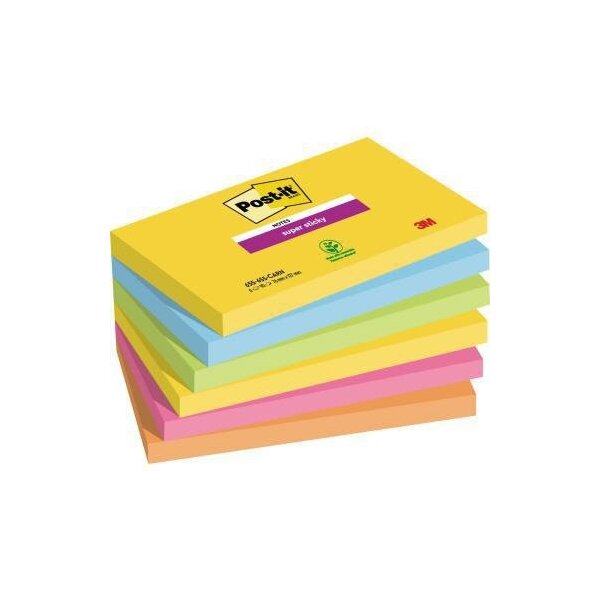 Post-it Haftnotiz Post-it® Super Sticky Notes Carnival Collection 127 x 76 mm (B x H) ultragelb paradiseblau limonengrün powerpink vitalorange 90 Bl./Block 6 Block/Pack.
