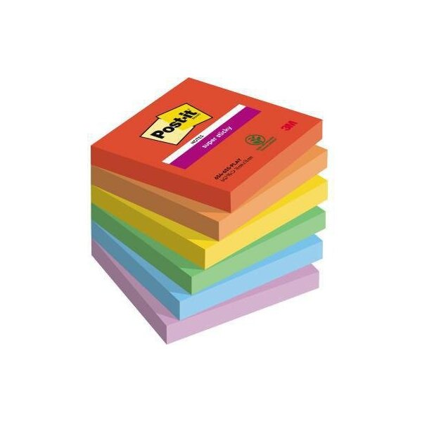 Post-it Haftnotiz Post-it® Super Sticky Notes Playful Collection 76 x 76 mm (B x H) je 1 x ultrarot vitalorange ultragelb limonengrün paradiseblau flieder 90 Bl./Block 6 Block/Pack.