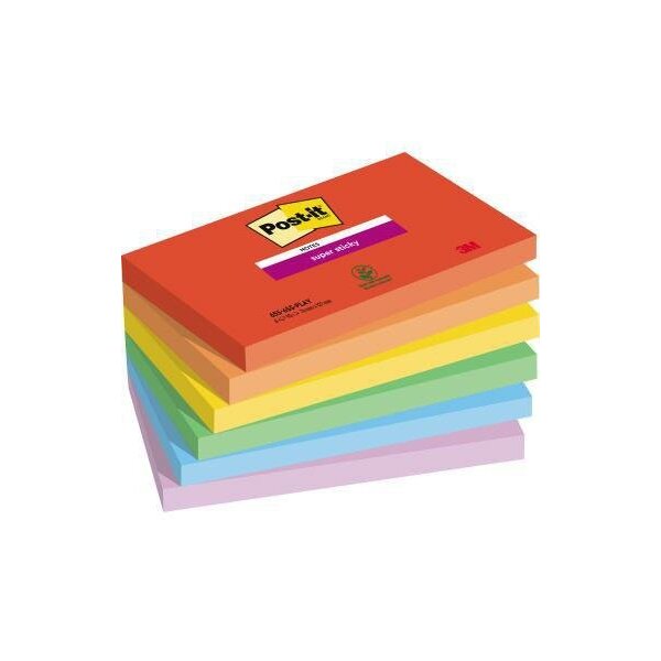 Post-it Haftnotiz Post-it® Super Sticky Notes Playful Collection 127 x 76 mm (B x H) je 1 x ultrarot vitalorange ultragelb limonengrün paradiseblau flieder 90 Bl./Block 6 Block/Pack.