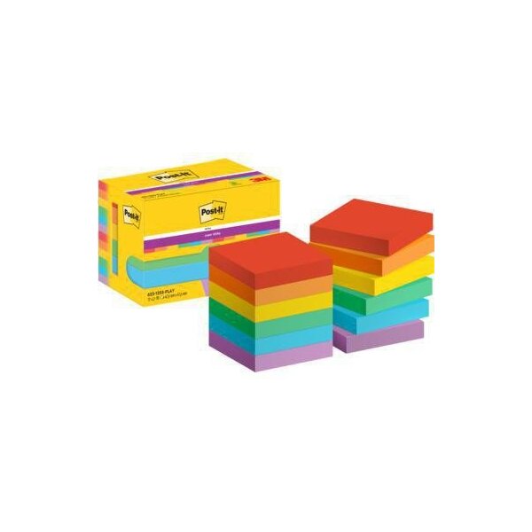 Post-it Haftnotiz Post-it® Super Sticky Notes Playful Collection 47,6 x 47,6 mm (B x H) je 2 x ultrarot vitalorange ultragelb limonengrün paradiseblau flieder 90 Bl./Block 12 Block/Pack.