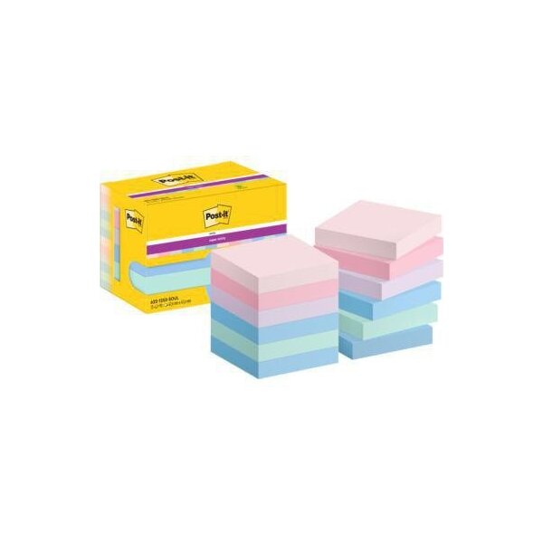 Post-it Haftnotiz Post-it® Super Sticky Notes Soulful Collection 47,6 x 47,6 mm (B x H) je 2 x rosa flamingopink flieder mint 4 x denimblau 90 Bl./Block 12 Block/Pack.