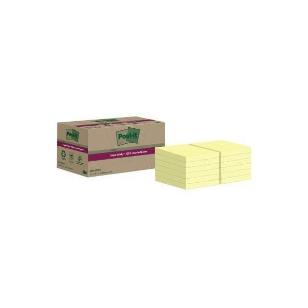 Post-it Haftnotiz Post-it® Super Sticky Recycling Notes 47,6 x 47,6 mm (B x H) gelb 70 Bl./Block 12 Block/Pack.
