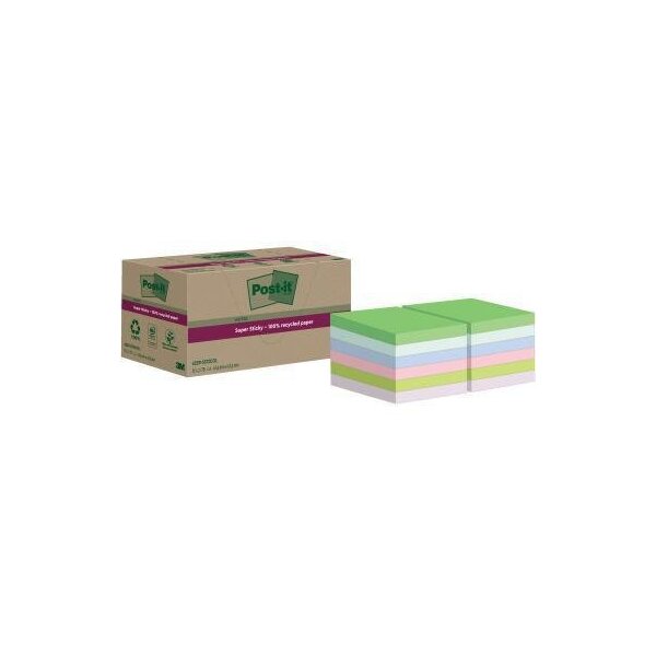 Post-it Haftnotiz Post-it® Super Sticky Recycling Notes 47,6 x 47,6 cm (B x H) mehrfarbig 70 Bl./Block 12 Block/Pack.