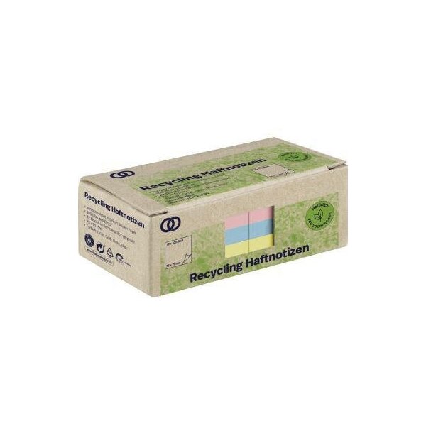 Soennecken Haftnotiz Soennecken oeco Recycling 75 x 75 mm (B x H) grün gelb rosa blau 100 Bl./Block 12 Block/Pack.