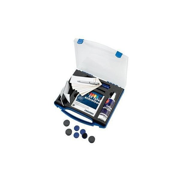 Franken Starterset Magnettafel FRANKEN 10 x trocken abwischbare Tafelschreiber farbig sortiert 10 x Haftmagnete D. 32 mm 5 x Kraftmagnete D. 38 mm 1 x magnetischer Tafelwischer 10 Bl. Löschfilz 1 x Reinigungsspray 250 ml