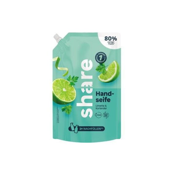 Share Flüssigseife share Limette & Koriander Ausführung des Behälters: Nachfüllbeutel Material des Behälters: Kunststoff 0,5l