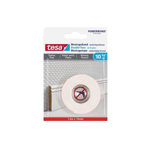 Tesa Montageklebeband tesa® Innenbereich 19 mm x 1,5 m (B x L) 10kg beidseitig klebend weiß