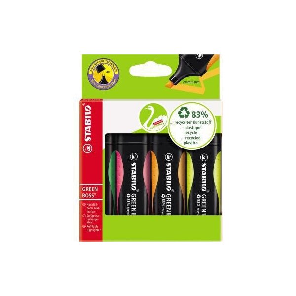 Stabilo Textmarker STABILO® GREEN BOSS® 2-5mm farbig sortiert Keilspitze 4 St./Pack.