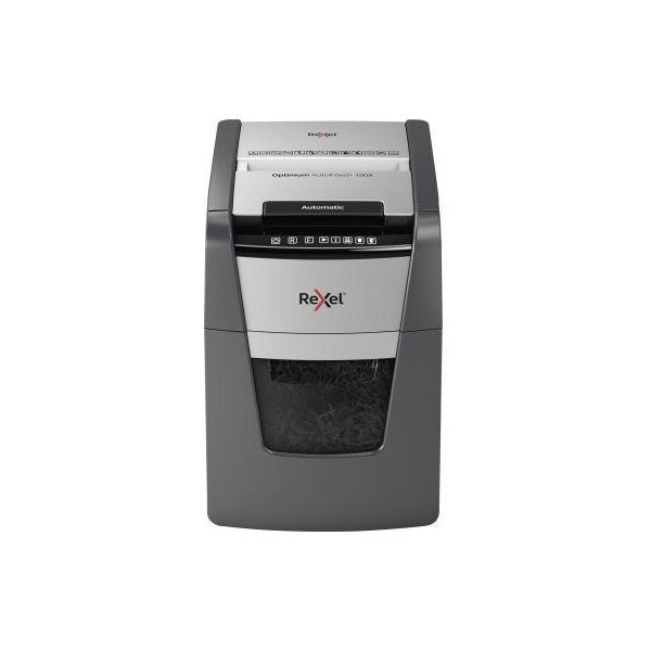 Rexel Aktenvernichter Rexel® Optimum AutoFeed+ 100X P-4 Papier Heftklammern Büroklammern Kreditkarten Partikelschnitt schwarz