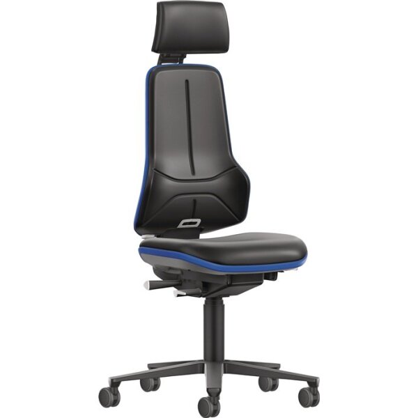 Bimos Arbeitsdrehstuhl NEON XXL Rollen mit Kopfstütze Kunstlederpolster schwarz blau 470-640 mm