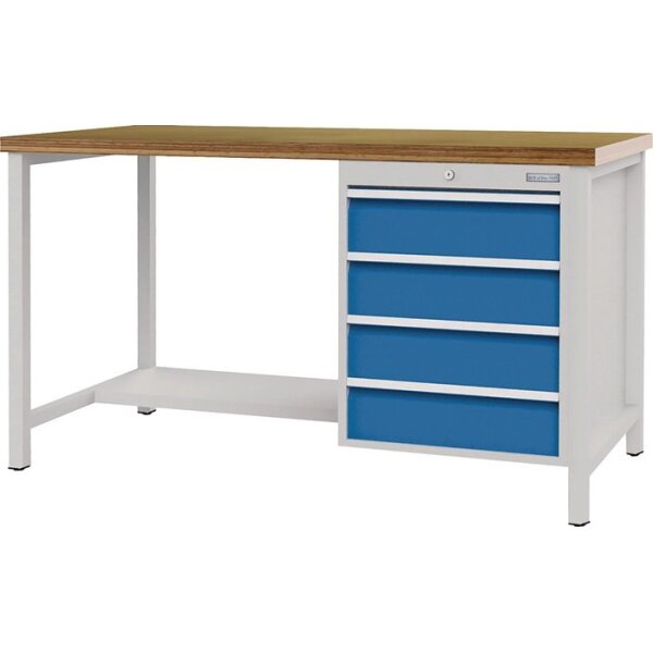 Bedrunka+hirth Werkbank signalblau lichtgrau B1500xH859xT750 mm Buche Multiplex 40 mm 4 Schubladen