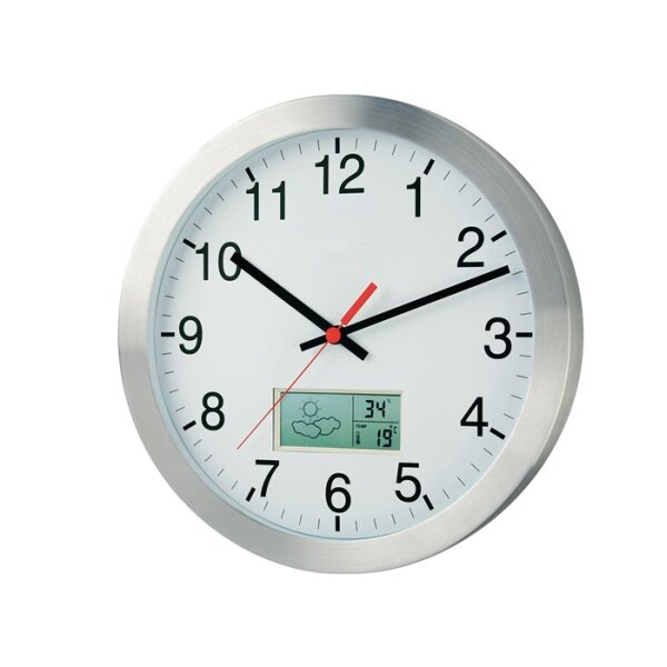 Wanduhr Funkuhr Alu.mattsilber 1,5 V D.300mm Zahlen m.Thermo-/Hygrometer