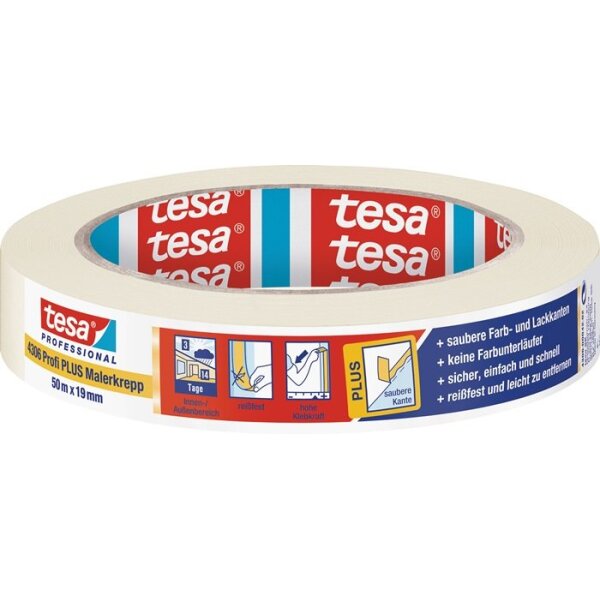 Tesa Malerkreppband 4306 Profi PLUS leicht gekreppt hellbeige Länge 50 m Breite 19 mm Rolle