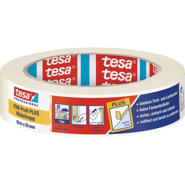Tesa Malerkreppband 4306 Profi PLUS leicht gekreppt hellbeige Länge 50 m Breite 25 mm Rolle