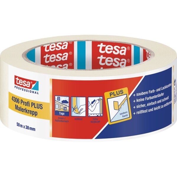 Tesa Malerkreppband 4306 Profi PLUS leicht gekreppt hellbeige Länge 50 m Breite 38 mm Rolle
