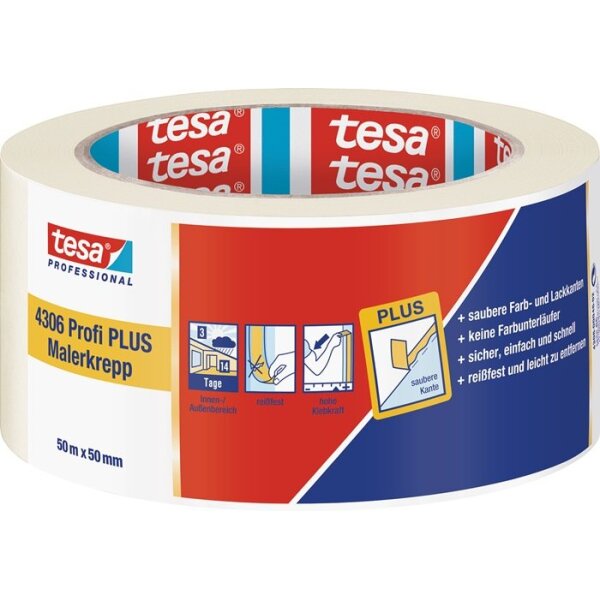 Tesa Malerkreppband 4306 Profi PLUS leicht gekreppt hellbeige Länge 50 m Breite 50 mm Rolle