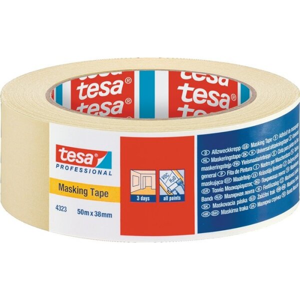 Tesa Kreppband 4323 leicht gekreppt hellbeige Länge 50 m Breite 38 mm Rolle