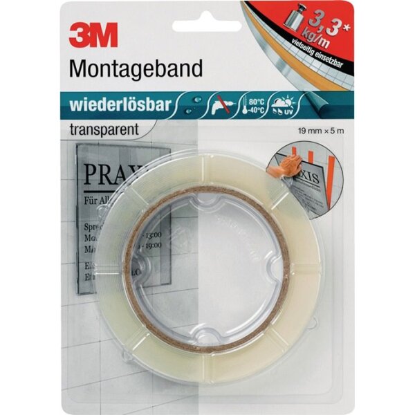 3m Montageband transparent Länge 5 m Breite 19 mm Rolle