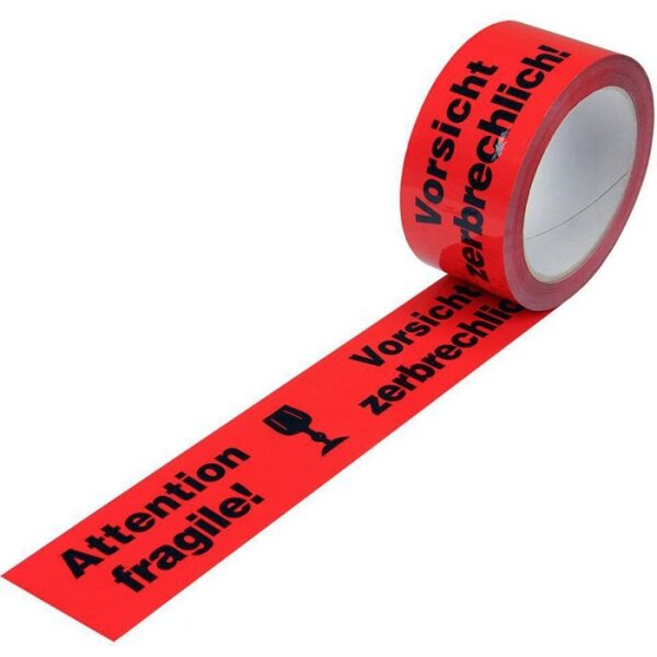 Transpak Warnklebeband PP Breite 50mm Länge 66m Stärke 52µ PP rot Aufdruck Vorsicht zerbrechlich Rolle