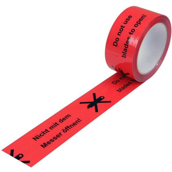 Transpak Warnklebeband PP Breite 50mm Länge 66m Stärke 52µ PP rot Aufdruck Messersymbol Rolle