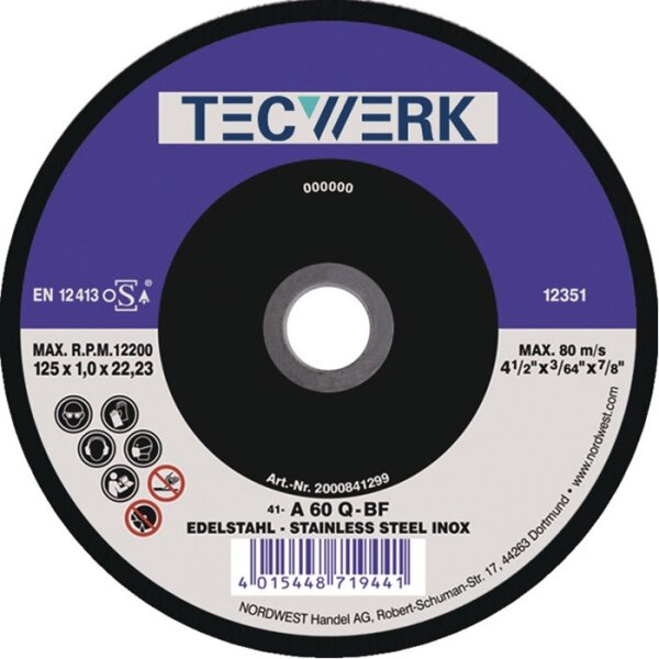 Tecwerk Trennscheibe Action D125x1mm gerade INOX Bohrung 22,23 mm