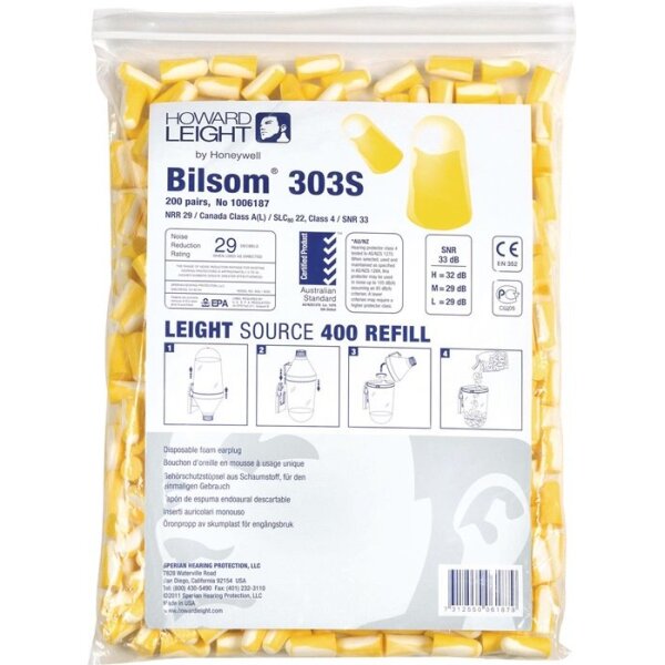 Honeywell howard leight Gehörschutzstöpsel Bilsom 303S EN 352-2 SNR 32 dB Nachfüllpack 200 Paar / Pack, Gr. S
