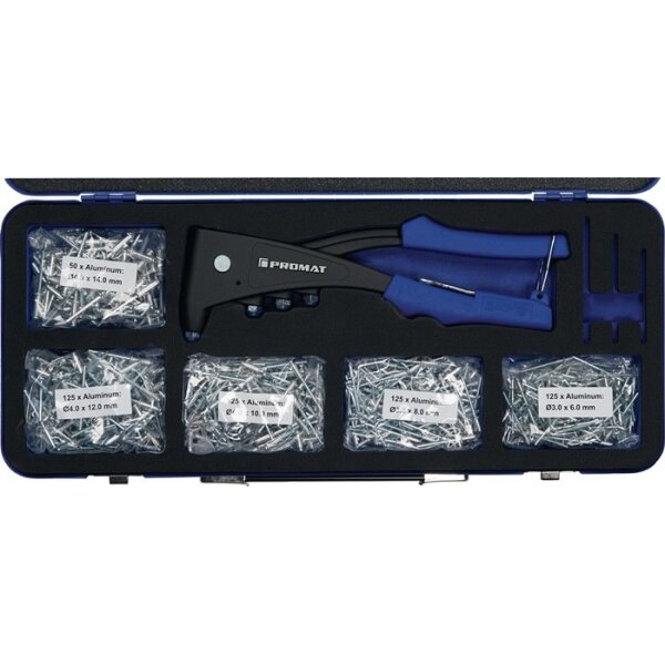 Promat Blindnietsortiment 601-teilig Zange 4000813025 u.Blindniete Alu/Stahl i.Blechkoffer