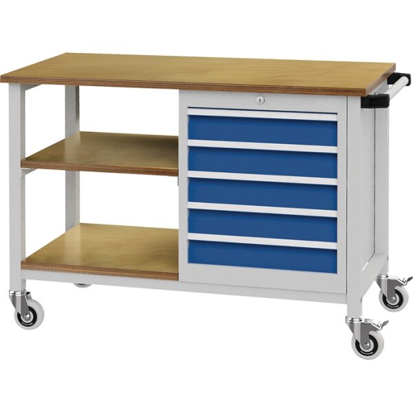 Werkbank B1200xT540xH880mm Buche Multiplex lichtgrau/signalblau 5 Schubl.