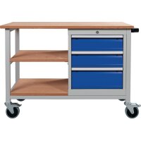 Werkbank B1200xT540xH880mm Buche Multiplex lichtgrau/signalblau 3 Schubl.