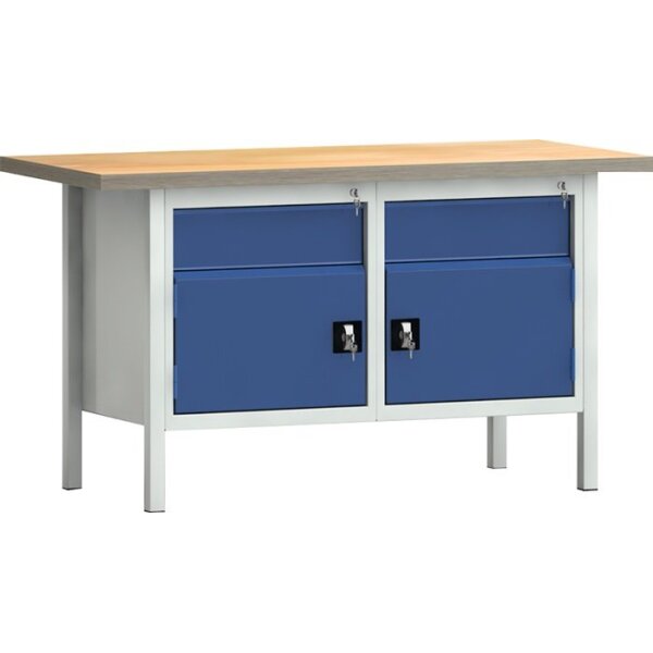 Klw-lutz betriebseinrichtungen Werkbank PW 700 B1500xT700xH840mm Buche Multiplex lichtgrau / enzianblau 2 Schubl. 2 Türen