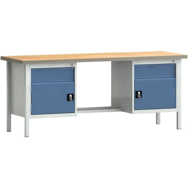 Klw-lutz betriebseinrichtungen Werkbank PW 700 B2000xT700xH840mm Buche Multiplex lichtgrau / brillantblau 2 Schubl. 2 Türen