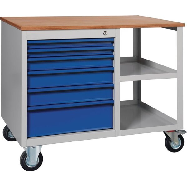 Klw-lutz betriebseinrichtungen Werkbank PW 700 B1000xT620xH805mm Buche Multiplex lichtgrau / enzianblau 6 Schubl.