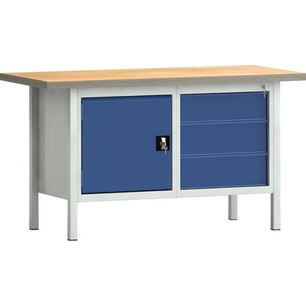 Klw-lutz betriebseinrichtungen Werkbank PW 700 B1500xT700xH840mm Buche Multiplex lichtgrau / enzianblau 3 Schubl. 1 Tür