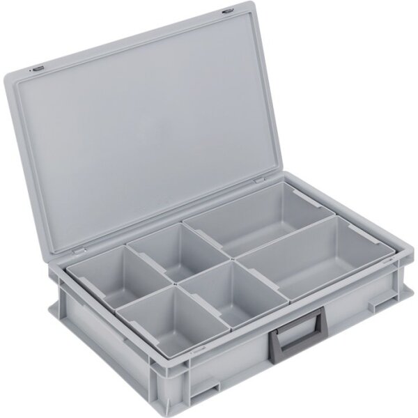 Lockweiler Kunststoffkoffer L600xB400xH133 mm PP 1 Griff 6 Einsatzkästen+Schiebeverschluss grau 24 l